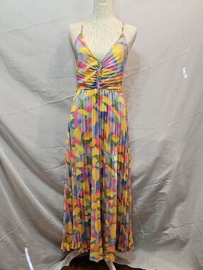 Colorful Pleated Maxi Dress with Ruched Bodice